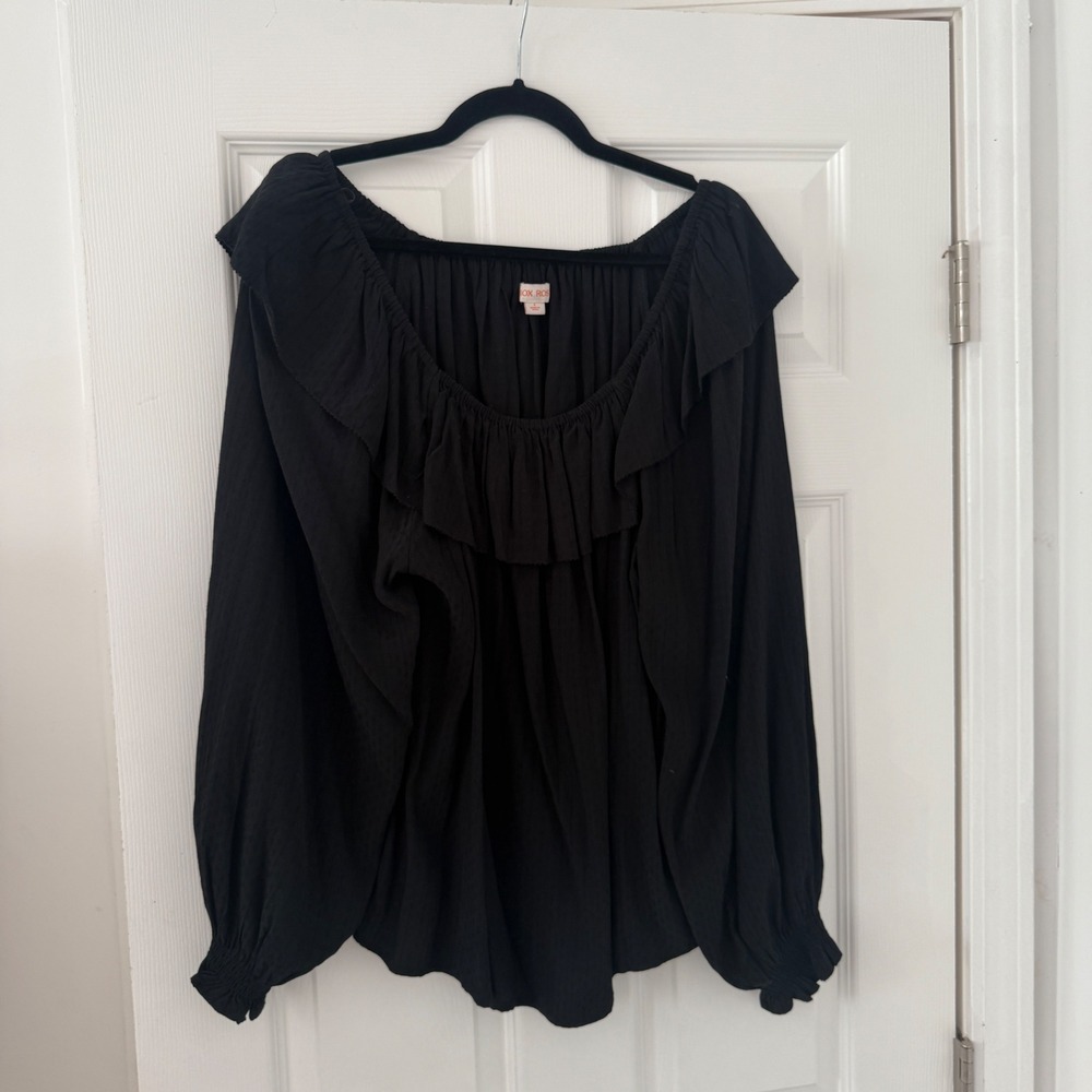 Knox Rose Black Ruffle Long Sleeve Blouse‎ Bohemian Peasant Top L Solid Boho